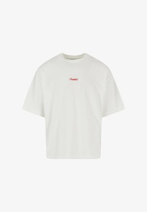 Witte korte mouw t-shirt met een boxy snit, voorzien van de opdruk "Verboden" in het rood op de borst, gemaakt van zachte katoen.