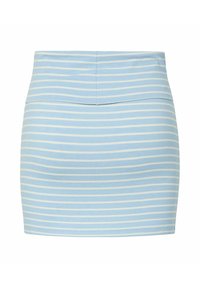 Ljusblå minikjol med horisontella vita ränder, tillverkad av ett mjukt material. Har en figurnära design och en elastisk midja.