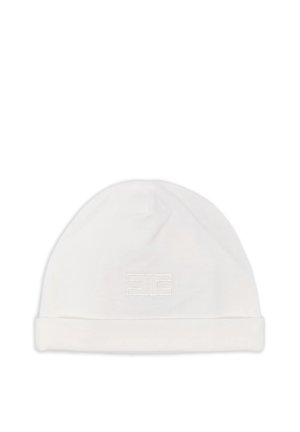 Cappello beanie in tessuto bianco morbido con bordo piegato e logo ricamato discreto al centro davanti.