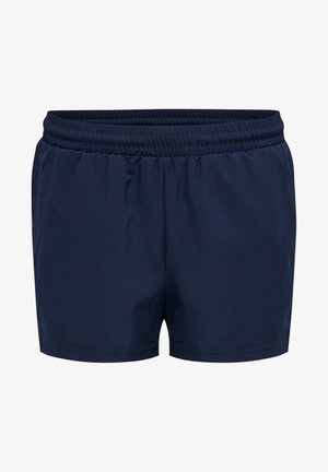 Marinblå idrottsshorts med elastisk midja, slät textur och inga synliga mönster eller detaljer. Kort längd och minimalistisk design.