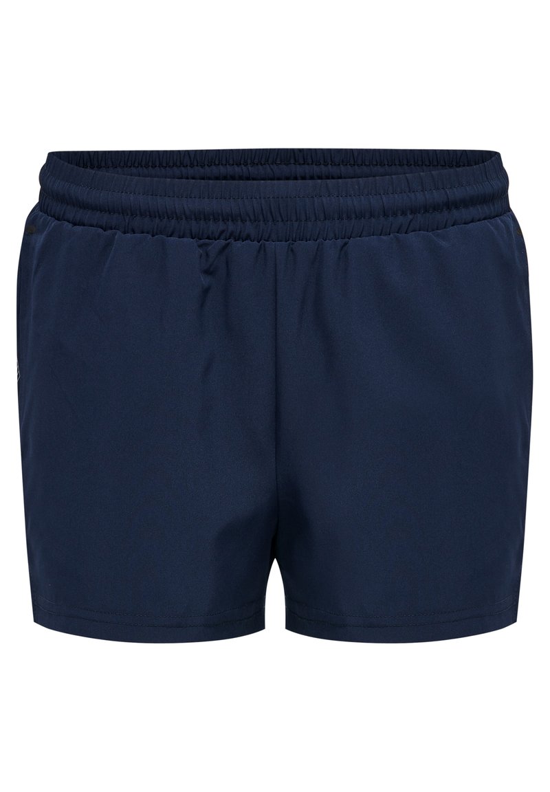 Marineblaue Sportshorts mit elastischem Bund, glatter Textur und ohne sichtbare Muster oder Beschläge. Kurze Länge und minimalistisches Design.