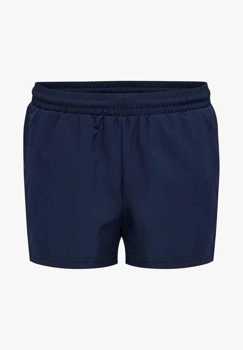 Marinblå idrottsshorts med elastisk midja, slät textur och inga synliga mönster eller detaljer. Kort längd och minimalistisk design.