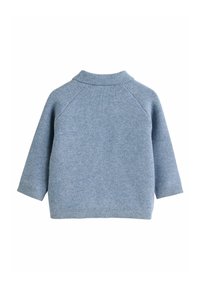 Maglione a collo blu chiaro, con maniche raglan e dettagli a coste. Texture morbida, lunghezza media e vestibilità comoda.