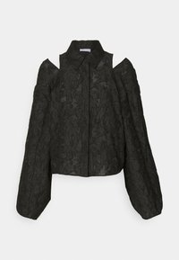 Black embroidered long-sleeve blouse with cold shoulder cutouts, a classic collar, button closure, and voluminous sleeves.