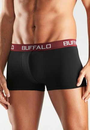 Schwarze Boxer-Brief mit einem burgunderfarbenen Bund, auf dem "BUFFALO" steht. Der Stoff ist glatt, eng anliegend und hat einen konturierten Frontbeutel.