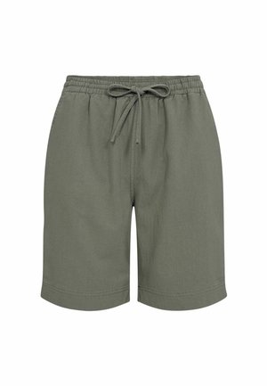 Shorts vert olive en tissu léger, dotés d'une taille élastique avec cordon de serrage et de deux poches latérales.