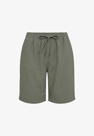 Olive green shorts made of lightweight fabric, featuring an elastic waistband with a drawstring and two side pockets.