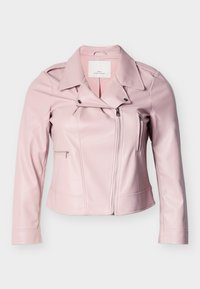 Rosa Leder-Motorradjacke mit Kragen, Reißverschluss vorne und zwei seitlichen Taschen mit sichtbaren Nahtdetails.