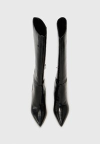 Bottines noires avec un bout pointu, fabriquées en cuir lisse, présentant un design épuré et une tige haute et effilée avec une finition minimaliste.