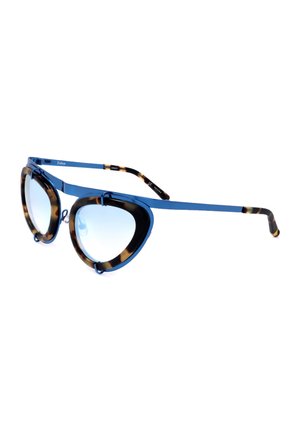 Occhiali da sole con montatura in metallo blu, lenti rotonde con motivo tartarugato e sottili aste blu che si estendono dritte indietro.