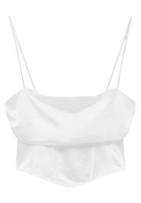 Witte crop top met dunne bandjes, met een gedrapeerde voorkant en een gestructureerd, corsetachtig achterpaneel voor een gedefinieerde vorm en textuur.