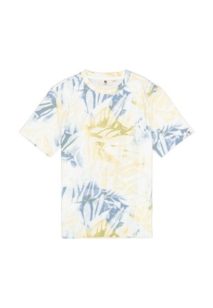 T-shirt met korte mouwen van zacht katoen met een multicolor tropisch bladprint in blauw, groen en geel op een lichte achtergrond.