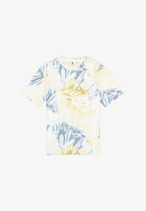 Camiseta de manga corta en algodón suave con un estampado de hojas tropicales multicolor en azul, verde y amarillo sobre un fondo claro.