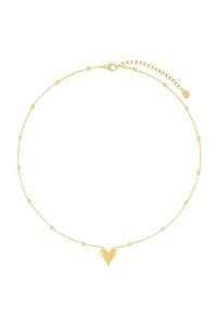 Collana d'oro con una delicata catena, dotata di un piccolo pendente a forma di cuore al centro e di piccoli accenti rotondi lungo la lunghezza.