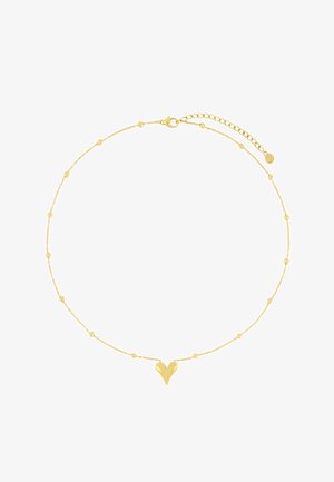 Collar de oro con una cadena delicada, que presenta un pequeño colgante en forma de corazón en el centro y pequeños acentos redondos a lo largo de su longitud.