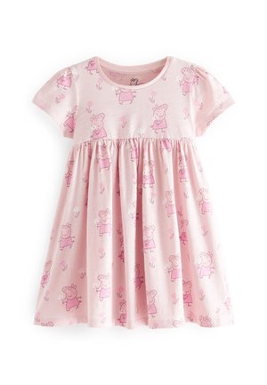 Lyserød bomuldskjole med korte ærmer og indsnævret talje, der har et gentaget mønster af tegneserie-grise og blomster i en lysere nuance.