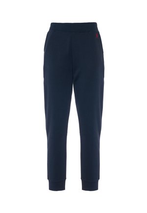 Pantaloni della tuta blu navy realizzati in tessuto morbido, con un design affusolato, polsini a costine, vita elastica e un piccolo dettaglio del logo rosso.