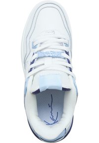 White athletic shoe with blue accents, textured mesh upper, lace-up design, padded tongue, and visible logo on the tongue and insole.