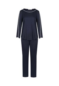 Navyblaues Loungewear-Set bestehend aus einem Langarm-Oberteil mit Rundhalsausschnitt und weißen Paspeln, kombiniert mit geraden Hosen. Weicher Stoff.