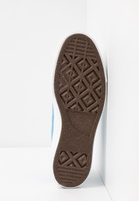 Semelle d'une chaussure de sport bleue et blanche avec une bande de caoutchouc marron présentant des motifs géométriques et le logo étoile de Converse.
