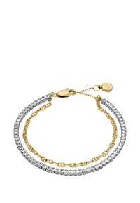 Bracciale in oro e argento con due catene, una con pietre trasparenti e l'altra con un design in metallo intrecciato, chiuso con una chiusura.