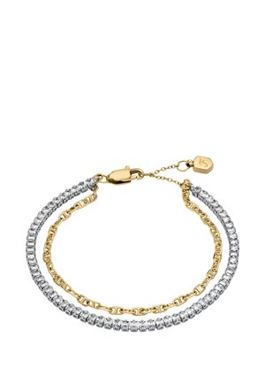 Gold- und Silberarmband mit zwei Ketten, eine mit klaren Steinen und die andere mit einem gewundenen Metalldesign, gesichert mit einem Verschluss.