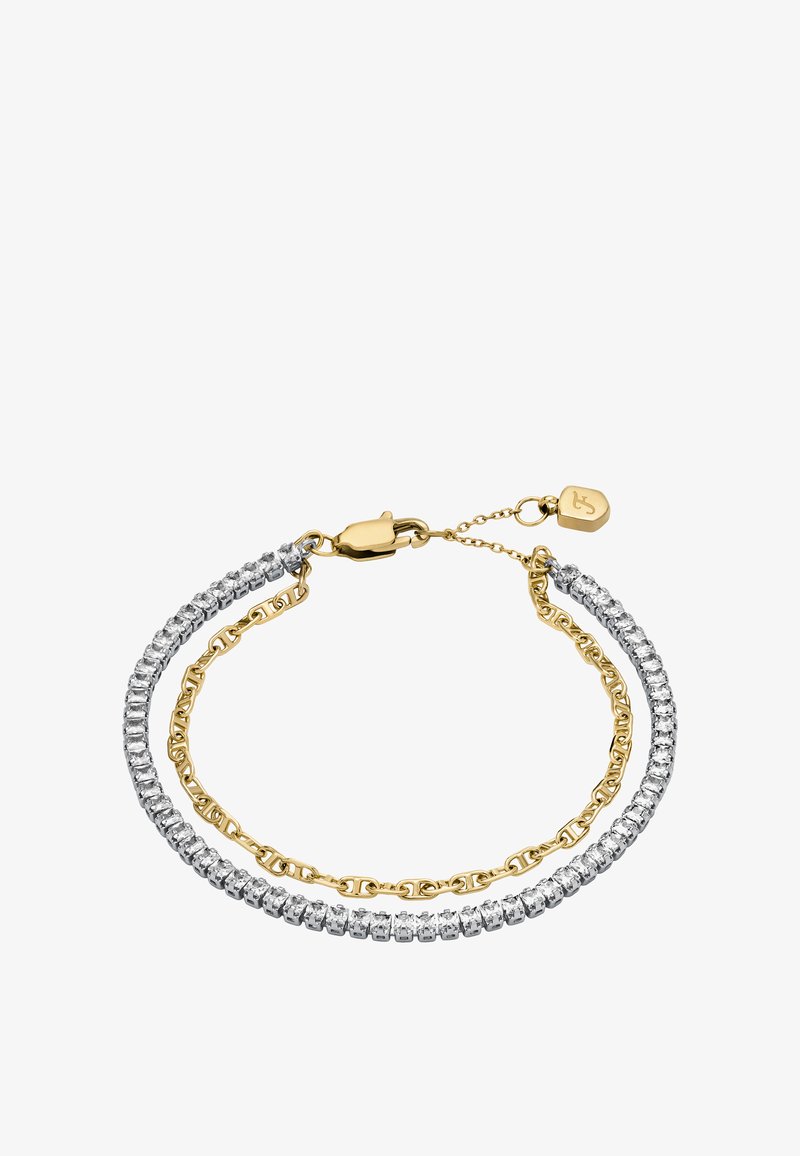 Bracciale in oro e argento con due catene, una con pietre trasparenti e l'altra con un design in metallo intrecciato, chiuso con una chiusura.