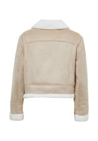 Giacca in faux suede beige con colletto e orlo in pelliccia, caratterizzata da un design corto e maniche lunghe. Parte posteriore piatta senza tasche.