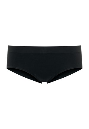 Svart bikini-stil underkläder med en slät, elastisk midjeband och sömlösa sidor. Tillverkad av mjukt tyg, med en enkel, minimalistisk design.