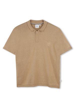 Beige poloshirt van geribbeld katoen, met een drieknoopssluiting en een klein logo op de linkerborst. Korte mouwen, relaxte pasvorm.