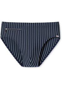 Marineblauwe zwemslips met witte verticale strepen, voorzien van een zijritszak en soepel, rekbaar materiaal voor comfort.