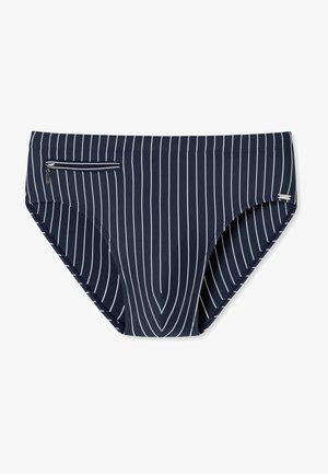 Navy blue swim briefs with white vertical stripes, featuring a side zip pocket and smooth, stretchy fabric for comfort.