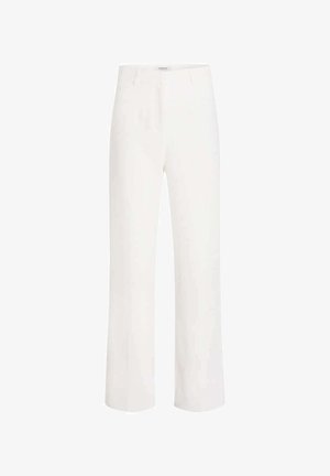 Pantalon blanc taille haute à jambes droites, avec passants de ceinture et poches avant, présenté sur un fond blanc uni.