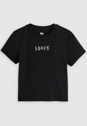 Svart bomull T-skjorte med kort erm som har en hvit "LEVI'S" logo på brystet. Klassisk rund hals og standard passform. Jevn tekstur.