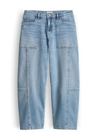Light blue denim pants with large front patch pockets, belt loops, and button closure, displayed against a white background.