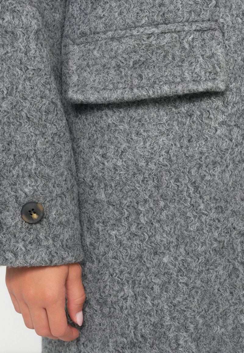 Manteau en laine gris texturé présentant une grande poche et un bouton noir rond, mettant en avant une apparence douce et confortable.