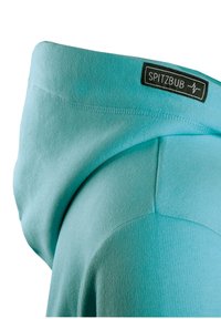 Hooded sweatshirt in light blue fabric with a soft texture. Features a logo tag on the hood and visible stitching along the edges.