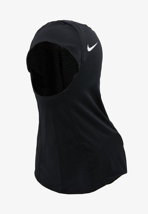 Schwarzer sportlicher Hoodie aus atmungsaktivem Material mit glatter Textur, ausgestattet mit einem Nike-Logo und einem perforierten Design zur Belüftung.