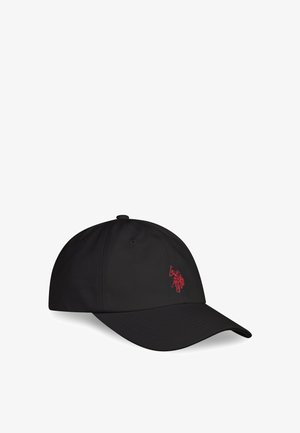 Black baseball cap with a curved brim and adjustable strap. Features red embroidered logo on the front. Made of lightweight fabric.