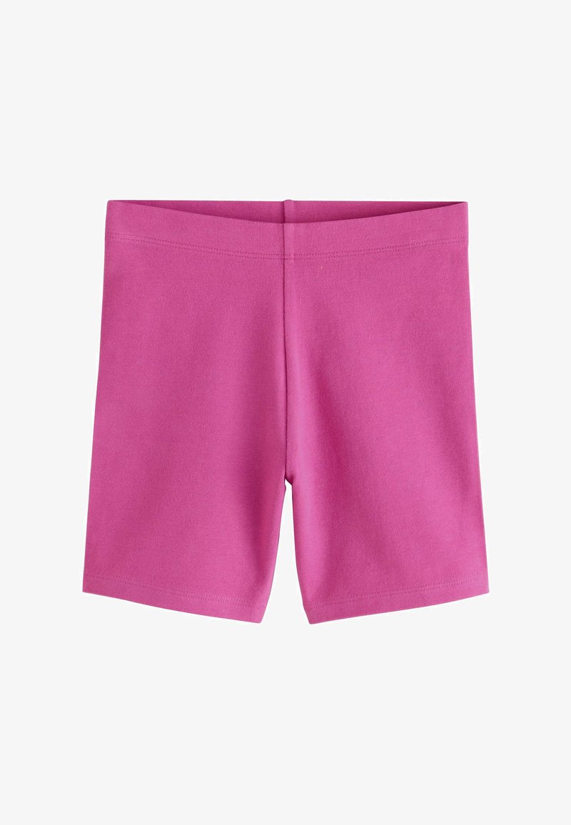 Helle pinke Stretch-Shorts in mittlerer Länge bis zur Mitte des Oberschenkels, mit einem einfachen Bund und ohne sichtbare Taschen oder Logos.