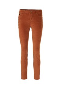 Rostfarbene Skinny-Jeans aus weichem, texturiertem Stoff mit Reißverschluss und Knopfverschluss an der Vorderseite. Mit fünf Taschen und tonal abgesteppten Nähten.