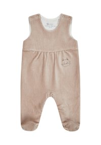 Helles rosa Cord-Romper mit weicher Textur, ausgestattet mit Druckknopfverschlüssen und einer süßen Katzenkopf-Stickerei auf der Vorderseite.