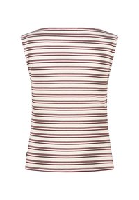 Striped top featuring a ribbed texture, rounded neckline, short sleeves, and alternating maroon and cream horizontal lines.