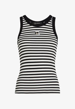 Zwart-witte gestreepte tanktop met een aansluitend ontwerp, geribbelde textuur en een klein geborduurd embleem aan de voorkant.