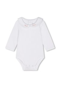 Bodysuit pour bébé à manches longues, blanc, avec un col rond ornée de broderies roses. Boutons-pression en bas pour un changement facile. Matériau doux.