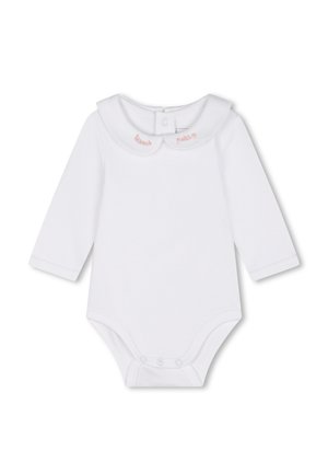 Bodysuit pour bébé à manches longues, blanc, avec un col rond ornée de broderies roses. Boutons-pression en bas pour un changement facile. Matériau doux.