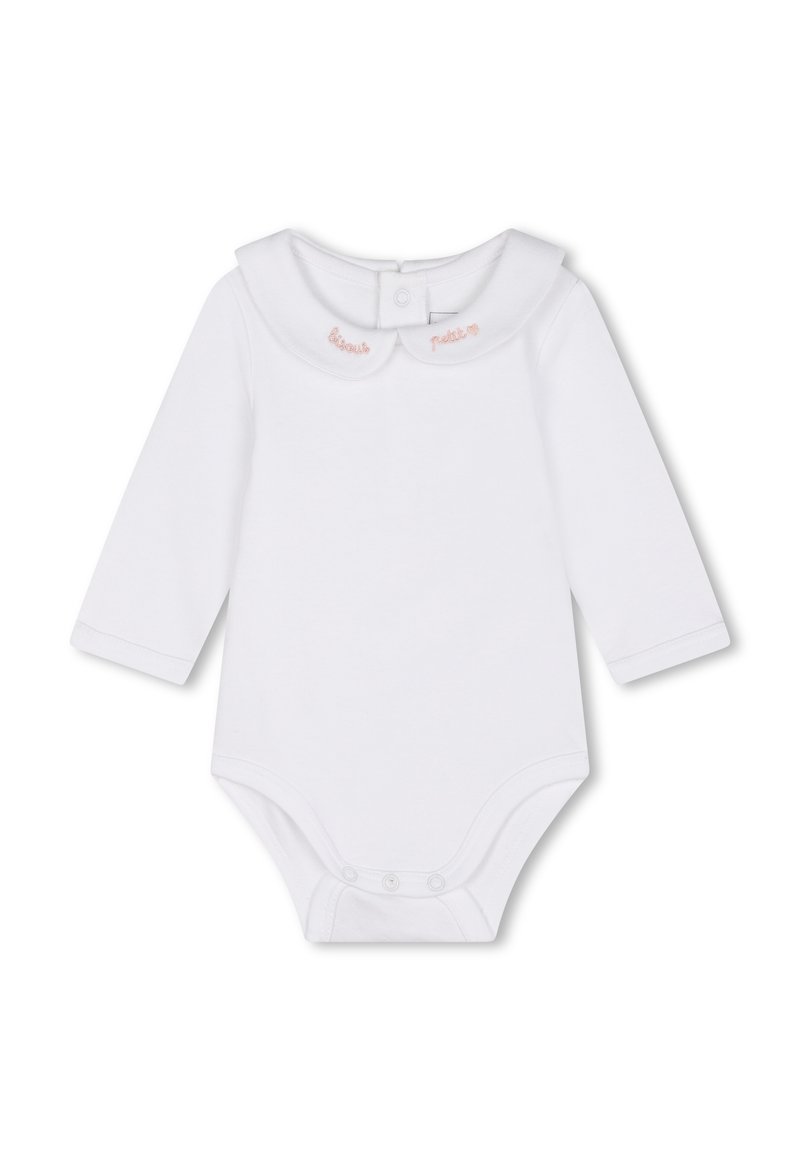 Bodysuit pour bébé à manches longues, blanc, avec un col rond ornée de broderies roses. Boutons-pression en bas pour un changement facile. Matériau doux.