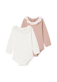 Two long-sleeve baby bodysuits: one white with floral ruffle collar, one pink with matching collar. Soft cotton material, snap closure at bottom.
