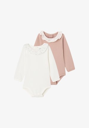 Two long-sleeve baby bodysuits: one white with floral ruffle collar, one pink with matching collar. Soft cotton material, snap closure at bottom.