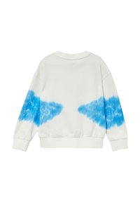 Biała bluza z długimi rękawami, z niebieskimi akcentami tie-dye na rękawach oraz ściągaczem przy kołnierzyku i dolnej krawędzi. Miękki, bawełniany materiał.